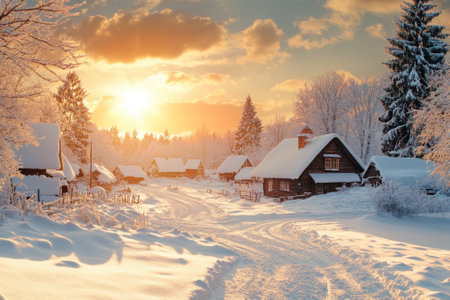 Warm colors illuminate a peaceful village as the sun sets behind snow-covered houses and trees.の写真素材