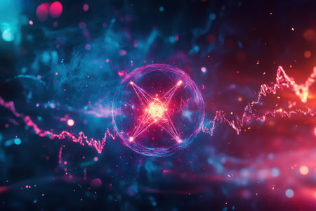 Atomic structure sits at the center as vibrant energy waves flow around in a cosmic environment.の写真素材