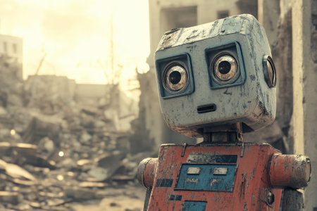 A rusty robot gazes pensively over debris and crumbled buildings during a sunset, reflecting solitude and decay.の写真素材