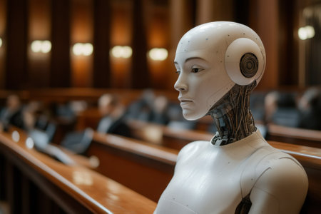 A robot assistant stands ready in the courtroom, observing legal proceedings with great focus and attention.の写真素材