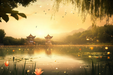 A serene sunset paints the sky as light reflects off a peaceful lake, showcasing pavilions and blooming lotuses.の写真素材