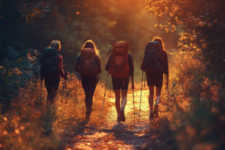 Four hikers walk down a forest path at sunset, surrounded by trees and golden light, creating a peaceful atmosphere.の写真素材