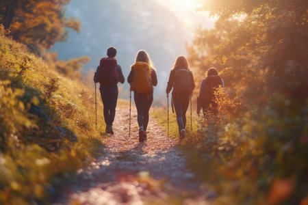 Friends enjoy hiking on a scenic trail as the sun sets, surrounded by nature and serenity.の写真素材