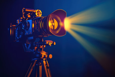 A camera on a tripod emits a bright light beam in a darkened studio, showing creative photography techniques.の写真素材