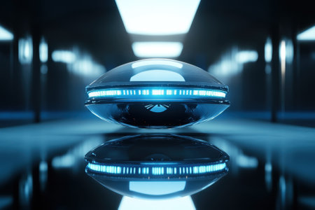A hovercraft with glowing blue lights floats effortlessly in a modern, illuminated corridor.の写真素材