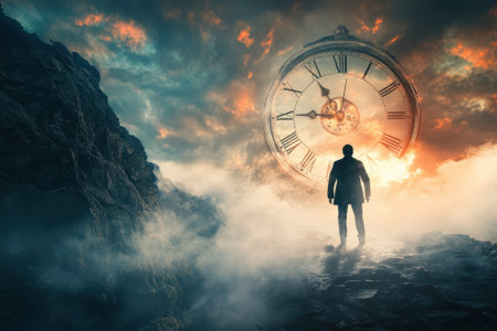 A figure gazes at a massive clock looming over a dramatic landscape filled with clouds and rocky ground.の写真素材