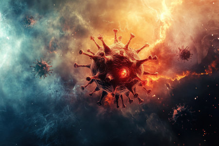 A detailed representation of a virus with surrounding particles against a cosmic, colorful backdrop.の写真素材