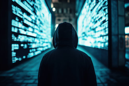 A figure in a hooded jacket gazes at bright neon displays lining a city alley after dark.の写真素材