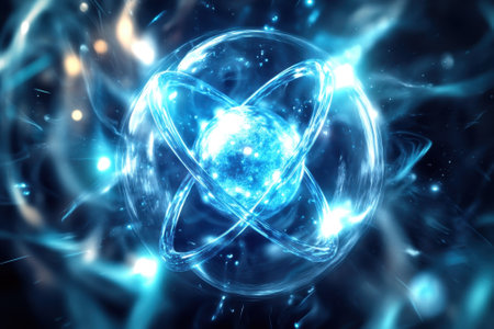 Glowing representation of an atomic structure displays a shining nucleus surrounded by energy fields in blue tones.の写真素材