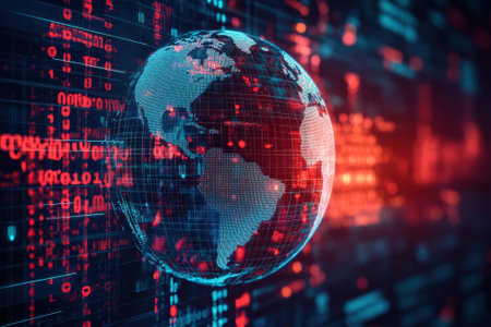 A globe with digital connections spans across a background of binary code in red and blue.の写真素材