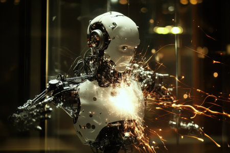A humanoid robot emits sparks while engaged in a demonstration at an evening tech event.の写真素材
