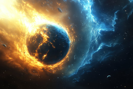 A vibrant planet with one half engulfed in flames and the other side covered in ice floats in the vastness of space.の写真素材