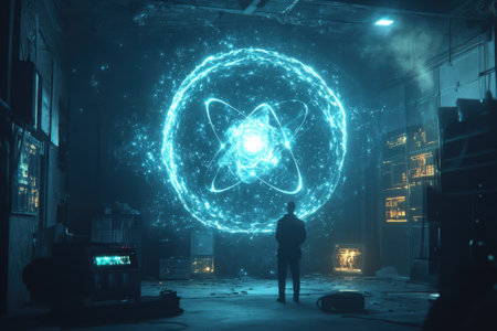 A person stands captivated by a glowing atomic model projected on a wall in a dark lab.の写真素材