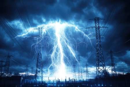 A powerful lightning strike creates a dramatic display over electric pylons during a turbulent storm at twilight.の写真素材