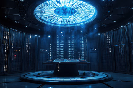 A control room features a circular platform and a glowing blue ceiling surrounded by high-tech screens.の写真素材