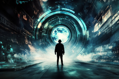 A dark silhouette stands in front of a luminous circular portal amid a desolate, high-tech cityscape.の写真素材