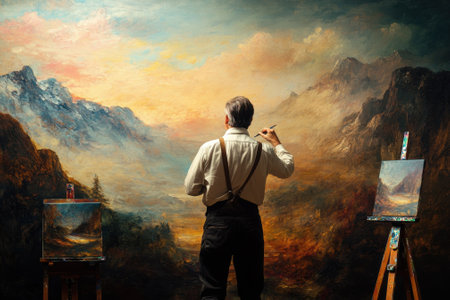 An artist in a studio paints a landscape with mountains and sunset hues, focusing intently on his work.の写真素材
