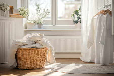 Clothes are neatly placed in a wicker basket as sunlight streams into the cheerful laundry room, enhancing the ambiance.の写真素材