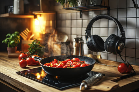A steaming skillet holds vibrant red tomatoes while headphones rest nearby in a cozy kitchen setting.の写真素材