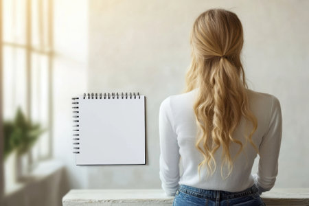 A woman with long, wavy hair is seated at a table next to a window, ready to write in an empty notebook.の写真素材