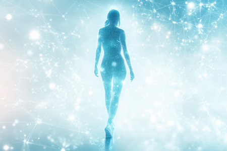 A glowing figure moves gracefully through a sparkling digital landscape of interconnected particles.の写真素材