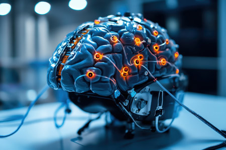 A high-tech helmet captures brain activity using sensors while researchers analyze data in a lab environment.の写真素材