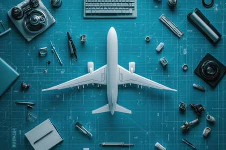 A model airplane is centered on a workspace cluttered with various tools and drafting materials.の写真素材