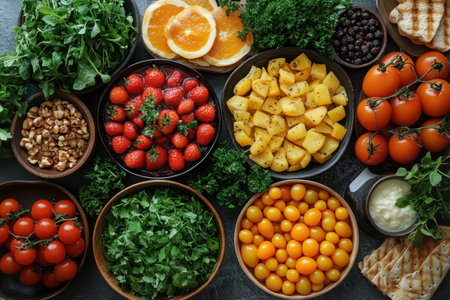 A colorful variety of fresh fruits and vegetables laid out, showing healthy eating options.の写真素材