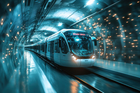 A sleek train moves swiftly through a colorful, glowing tunnel in a bustling city at night.の写真素材