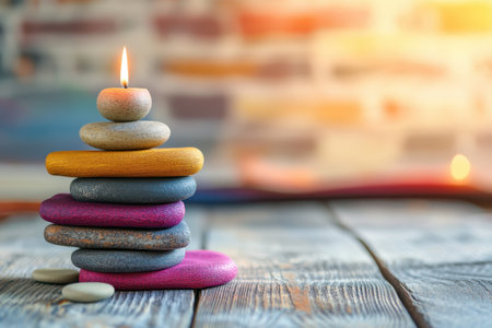 A tranquil arrangement of stacked colorful stones next to a softly glowing candle creates a calming atmosphere.の写真素材