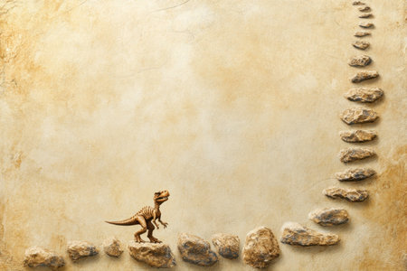 A small dinosaur explores a rocky trail against a textured background, creating a whimsical adventure.の写真素材