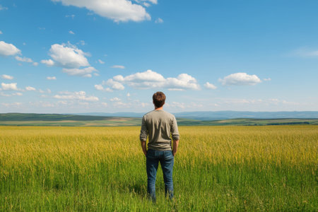 A man gazes over a golden field towards distant hills, surrounded by a bright blue sky and scattered clouds.の写真素材