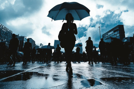 People carrying umbrellas stroll through a wet city street as dark clouds gather overhead.の写真素材
