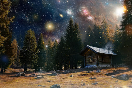A beautiful cabin is nestled in a forest, illuminated under a stunning starry night sky filled with galaxies.の写真素材