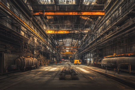 Bright sunlight filters through the large windows of a spacious industrial warehouse filled with machinery.の写真素材