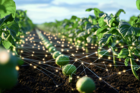 Farming techniques integrate technology to promote healthy crop growth in a lush field during daytime.の写真素材