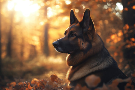 A dog sits peacefully surrounded by fallen leaves in a tranquil forest at sunset, radiating warmth.の写真素材