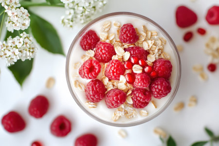 A colorful dessert with layers of yogurt, fresh raspberries, granola, and pomegranate seeds garnished with flowers.の写真素材