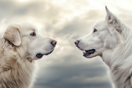 Two dogs, one golden and one white, engage in a moment of connection under a cloudy sky.の写真素材