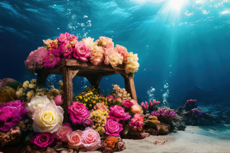 Bright and colorful roses and flowers arranged on a wooden table surrounded by clear blue water and bubblesの写真素材