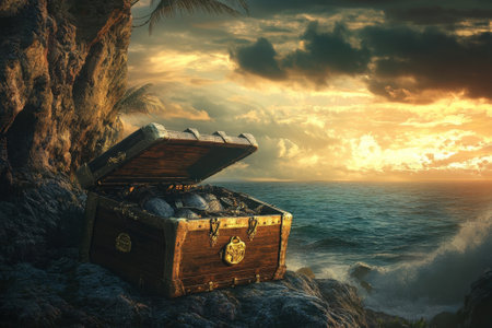 A vintage treasure chest rests on rocky terrain, ocean waves crashing nearby as the sun sets in the background.の写真素材
