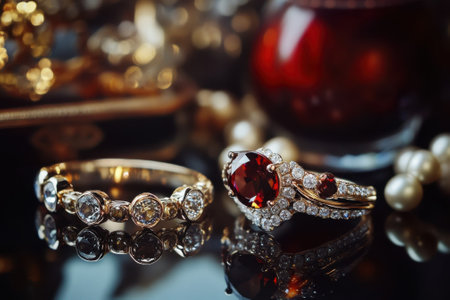 Luxurious rings featuring red gemstones and diamonds arranged elegantly with pearls nearby.の写真素材