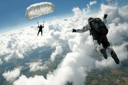 Two skydivers enjoy an exhilarating descent, gliding through fluffy clouds above a scenic countryside.の写真素材