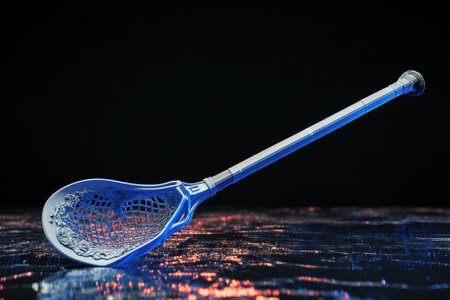 A lacrosse stick with intricate details rests on a shiny surface, illuminated by colorful lights.の写真素材