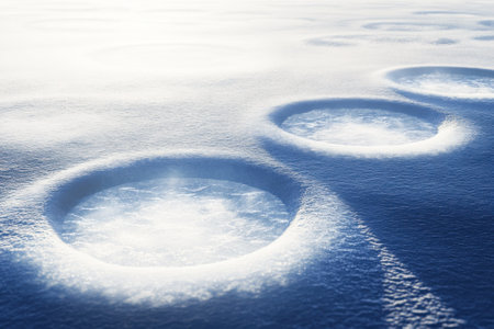 Circular patterns of steam rise from the icy surface, showing the beauty of winter in a cold environment.の写真素材