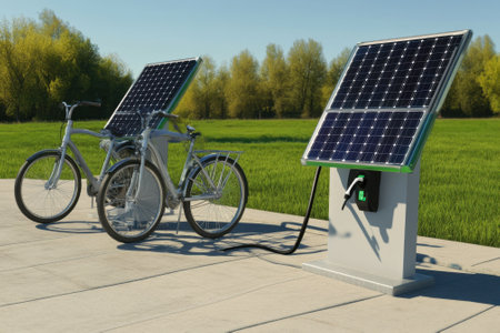 Two electric bicycles are parked next to solar panels in a sunny park, ready for charging under blue skies.の写真素材