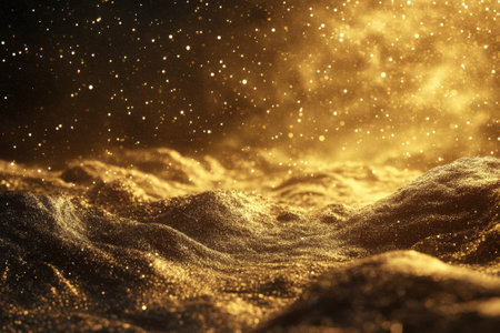 Golden light highlights waves in a misty environment, creating an enchanting, shimmering effect.の写真素材