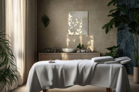 Relaxing spa environment featuring a neatly arranged massage table and lush greenery for a calming experience.の写真素材