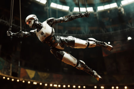 A humanoid robot showcases impressive acrobatics in an arena filled with dramatic lighting and spectators.の写真素材