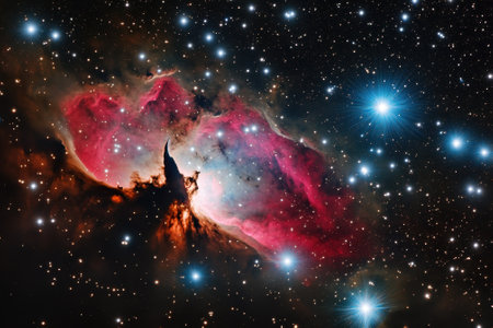 A vibrant nebula with shades of pink and orange is illuminated by distant stars in the deep night sky.の写真素材